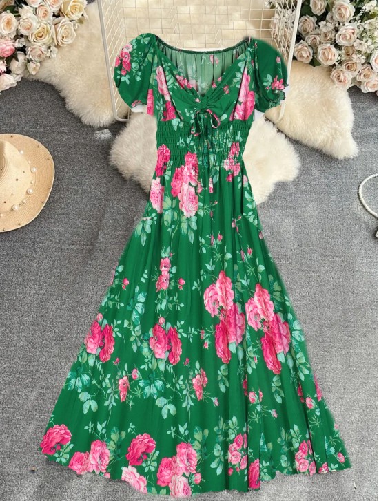 Floral V -Neck Short Sleeved Summer Dress